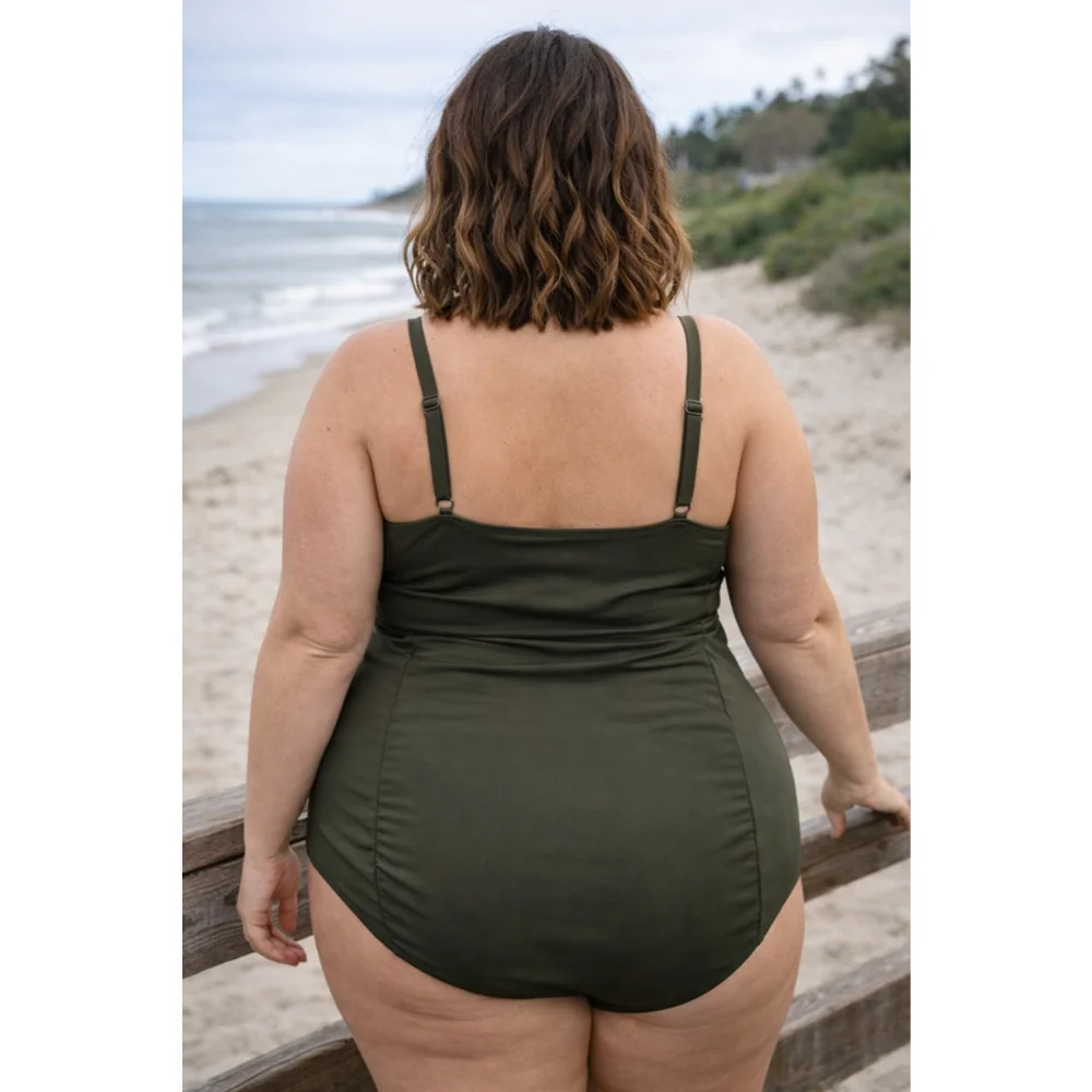 Torrid One Piece Swimsuit Size 2 Olive Green Ruched Mesh V Neck Plus - Picture 3 of 7